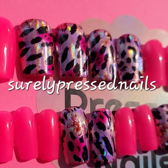 Soft Gel Short Square Pink Reflective Floral Animal Print Press on Nails - Picture 1 of 4
